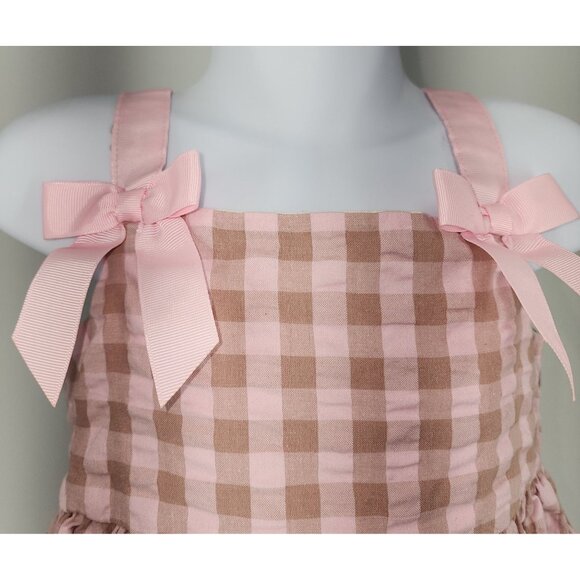 Toddler Girls Bobbie Jean Checked Pink Brown Dress 4T Bow Details Easter Spring - Picture 3 of 5